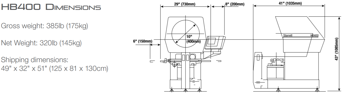 Starrett HB400 Horizontal Benchtop Optical Comparator Dimensions
