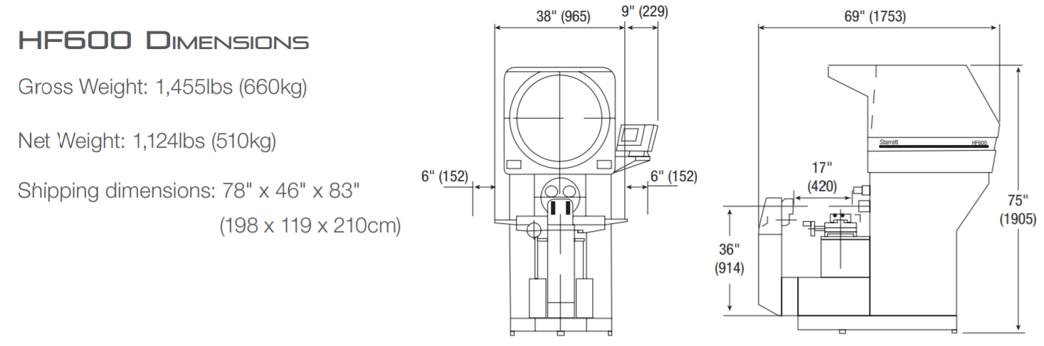 Starrett HF600 Horizontal Floor Standing Optical Comparator Dimensions