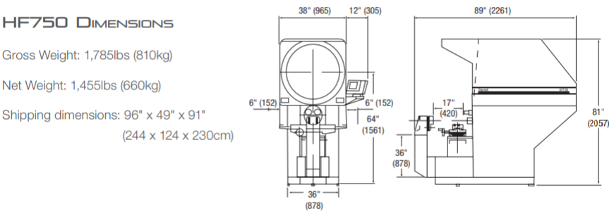 Starrett HF750 Horizontal Floor Standing Optical Comparator Dimensions