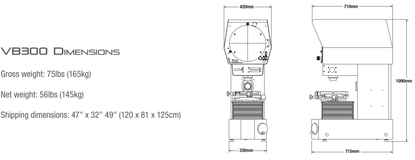 Starrett VB300 Vertical Benchtop Optical Comparator Dimensions